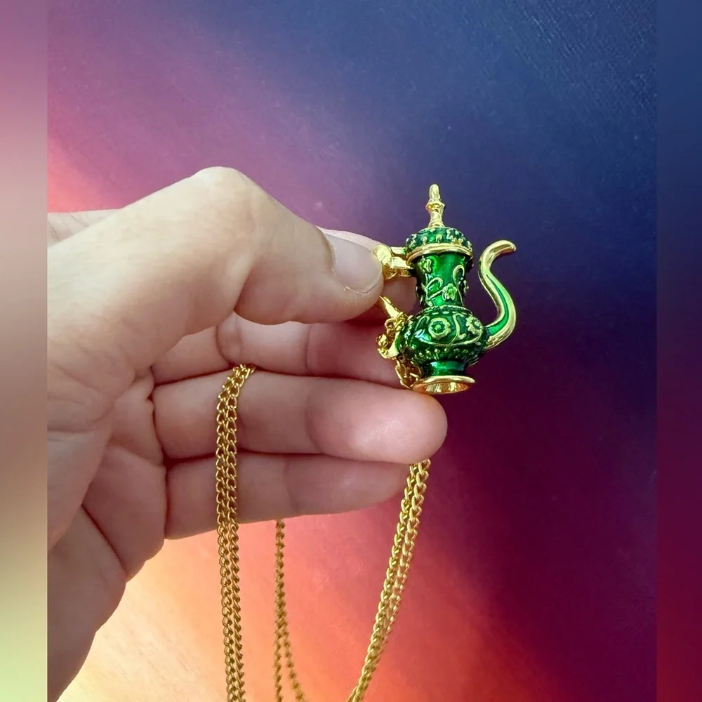 Vintage Green Teapot โ Gold Enamel Long Chain Beautiful Necklace - Picture 6 of 7